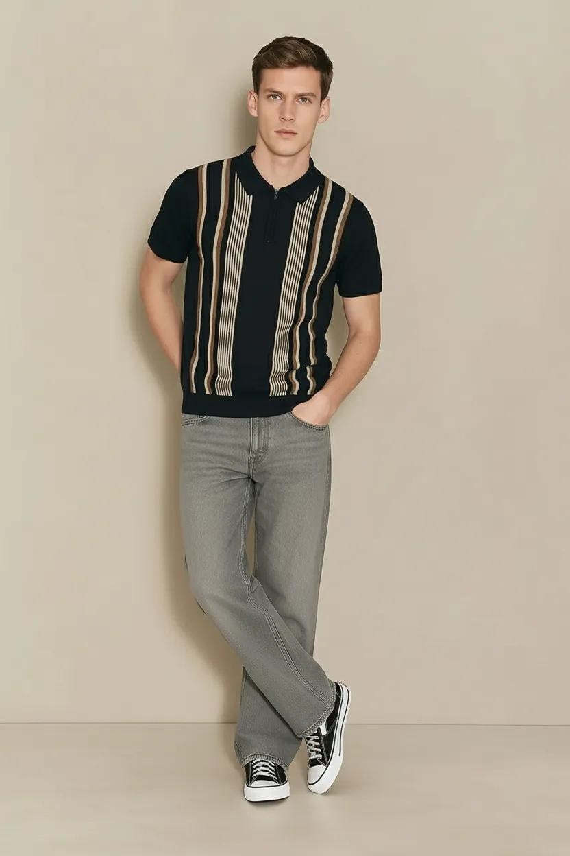 Men Dark Navy Striped Polo Collar T-shirt