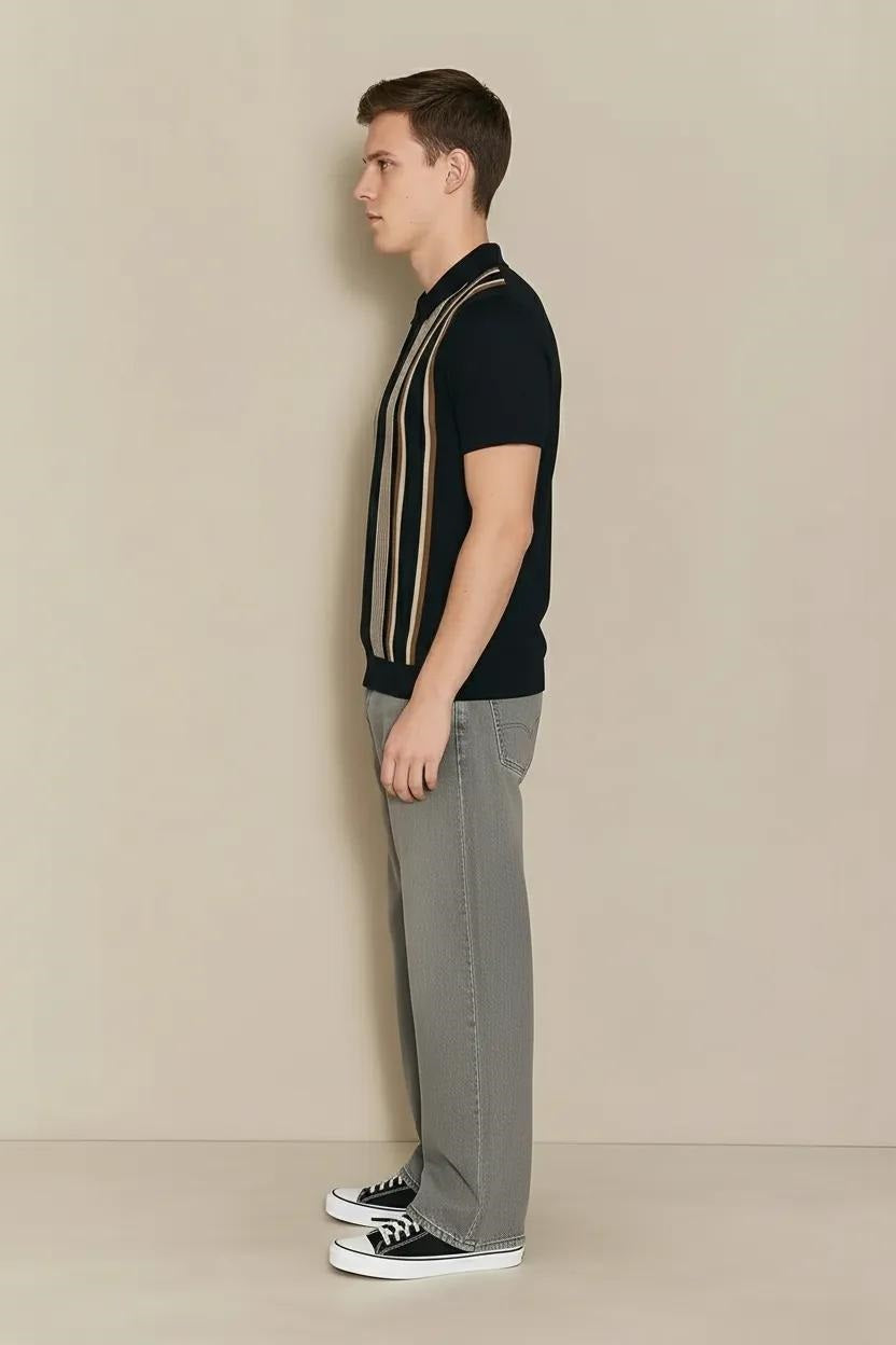 Men Dark Navy Striped Polo Collar T-shirt