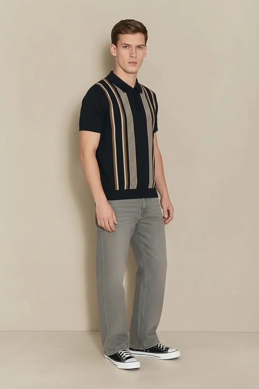 Men Dark Navy Striped Polo Collar T-shirt