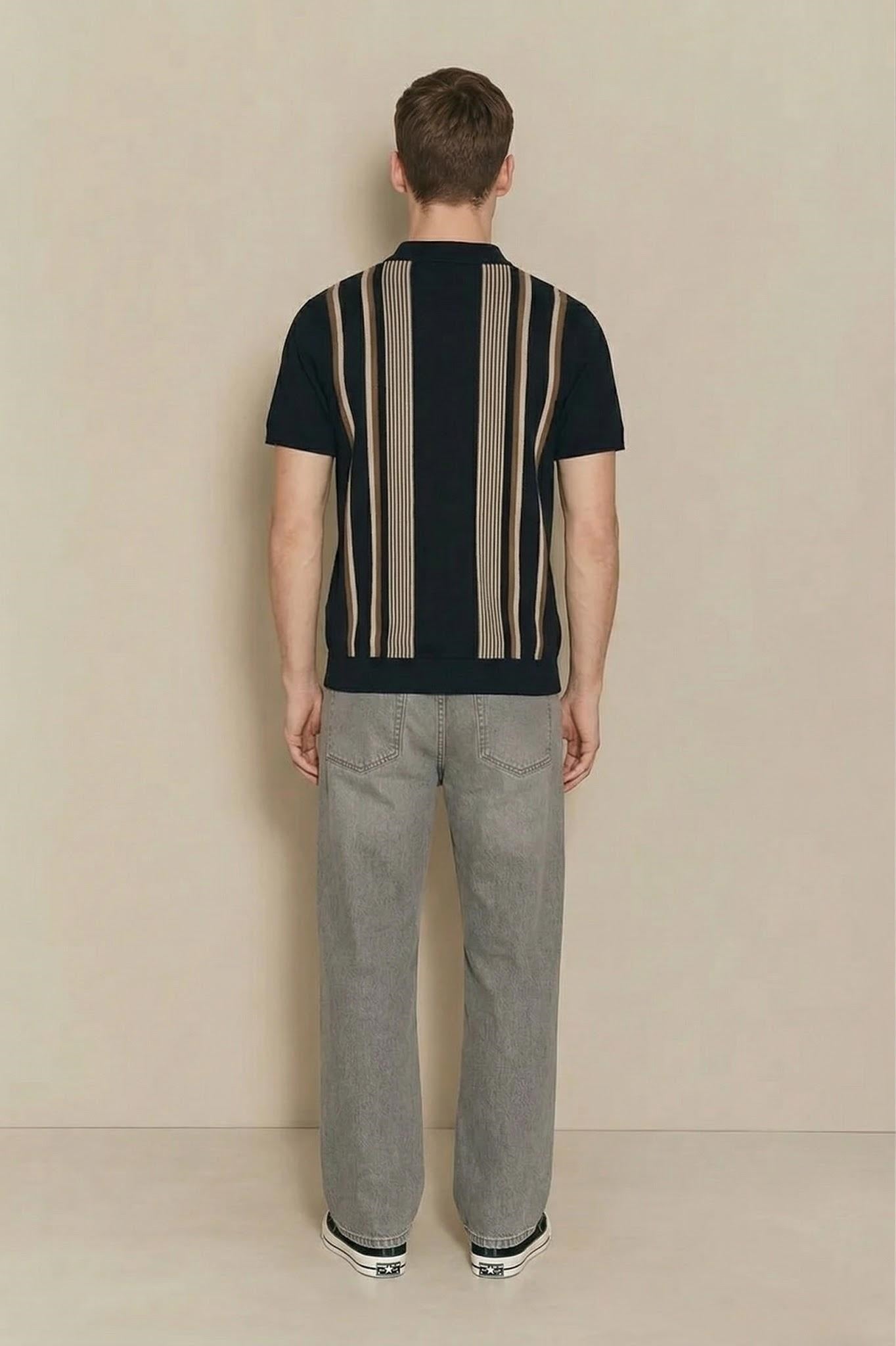 Men Dark Navy Striped Polo Collar T-shirt
