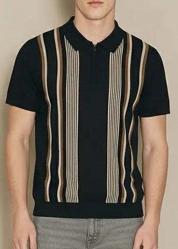Men Dark Navy Striped Polo Collar T-shirt
