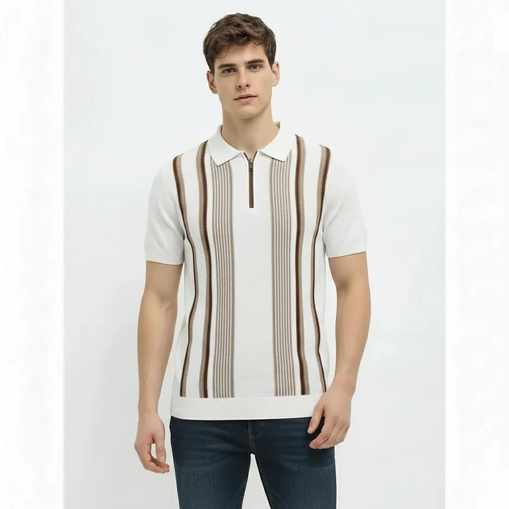 Men Off White Striped Polo Collar T-shirt