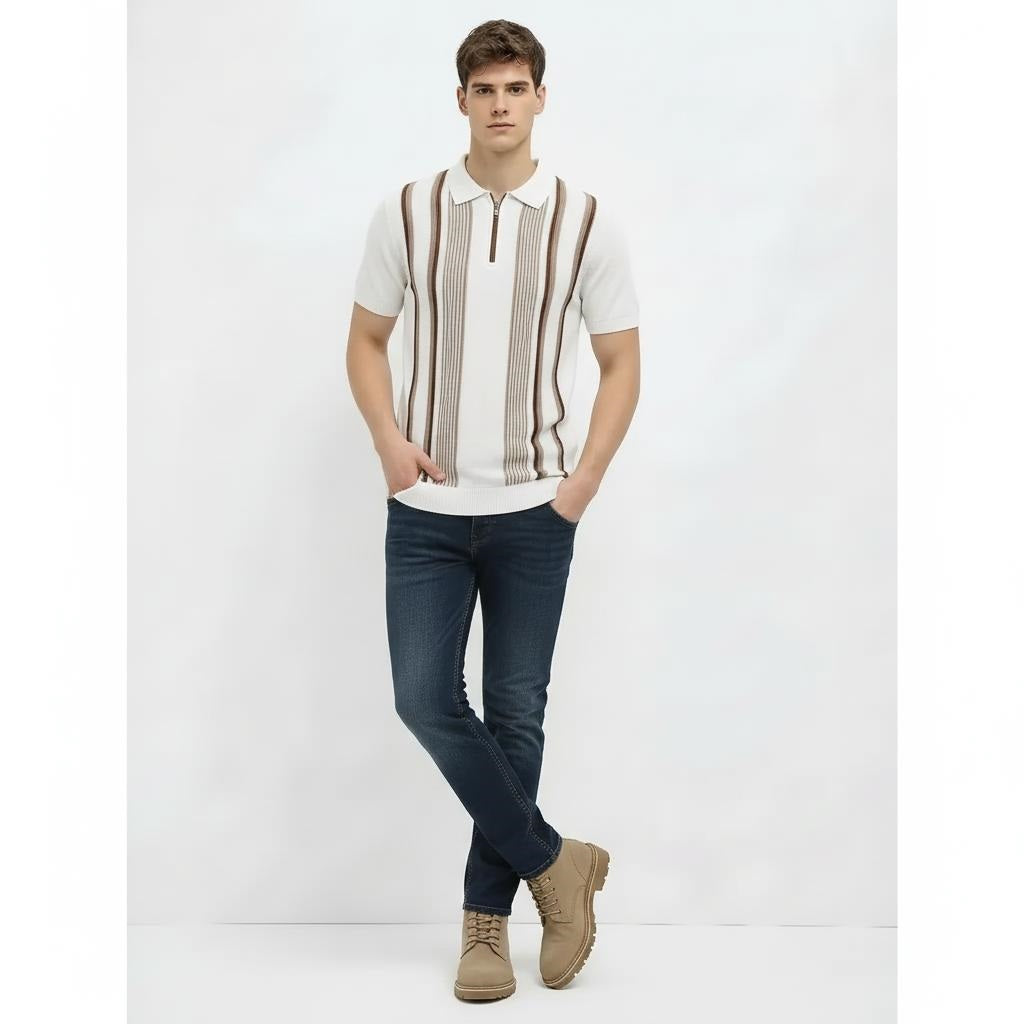 Men Off White Striped Polo Collar T-shirt