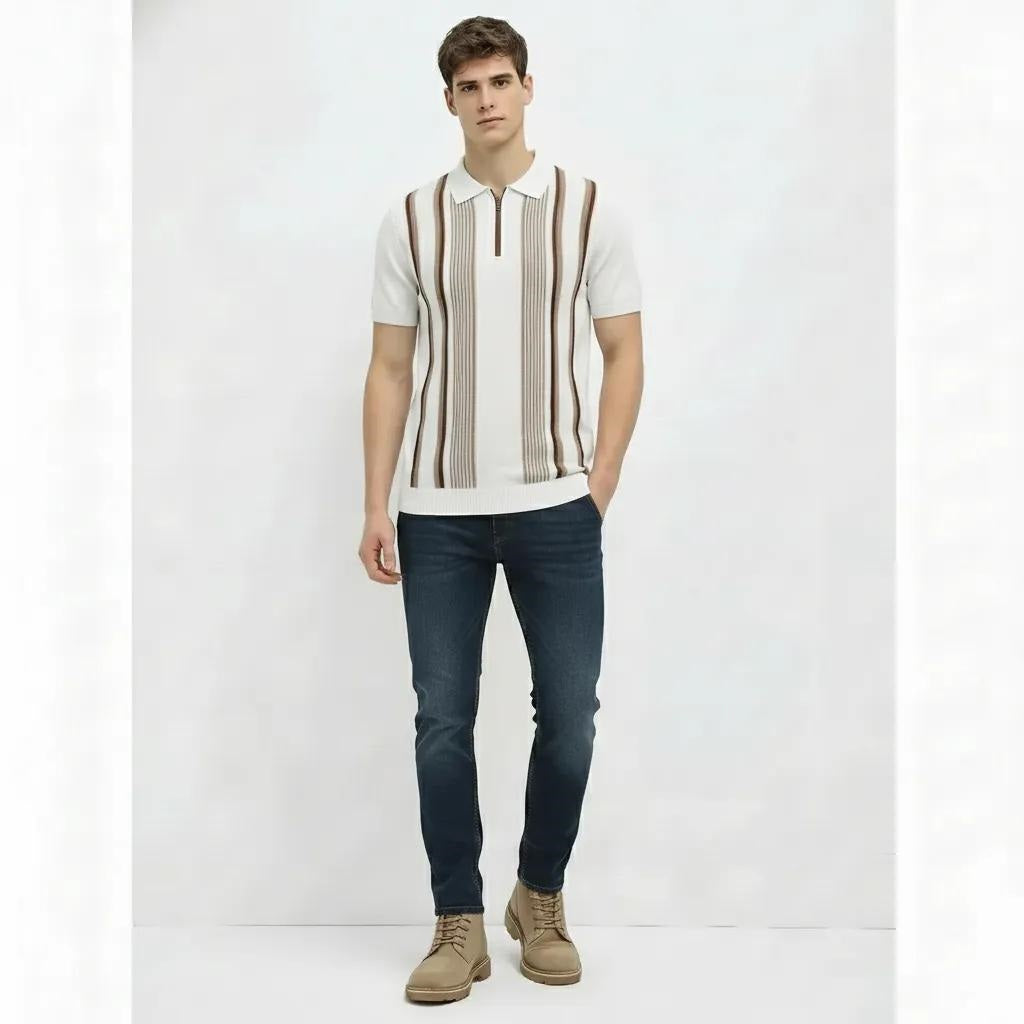 Men Off White Striped Polo Collar T-shirt