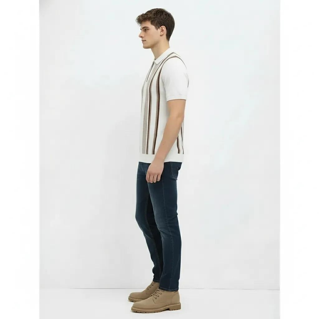Men Off White Striped Polo Collar T-shirt