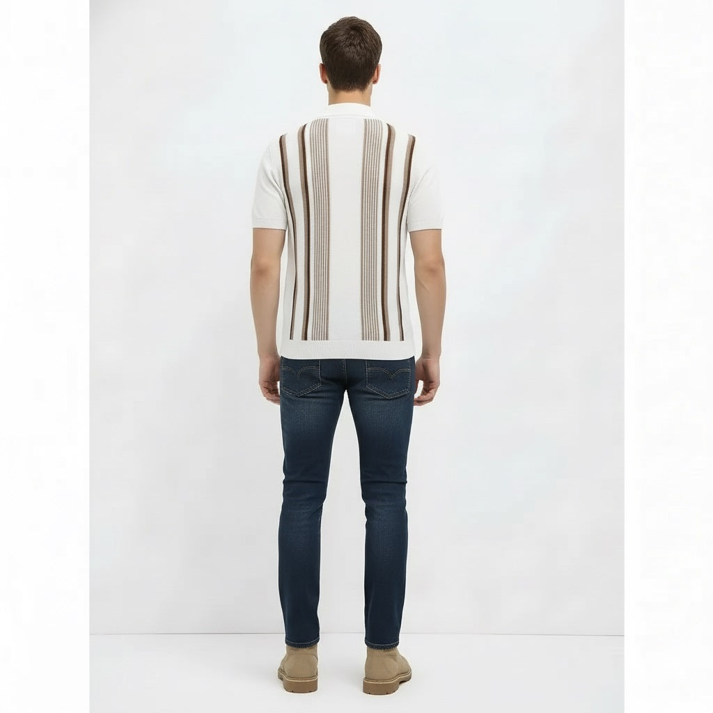 Men Off White Striped Polo Collar T-shirt
