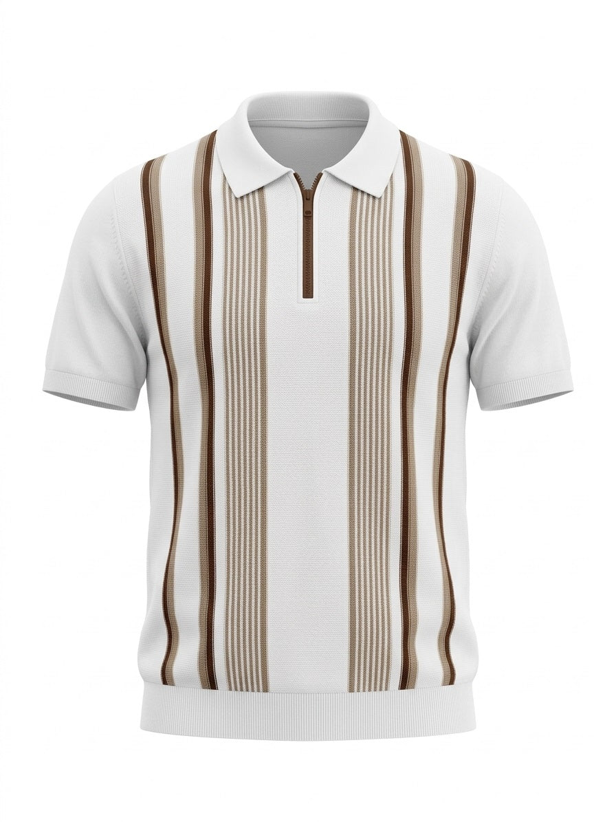 Men Off White Striped Polo Collar T-shirt