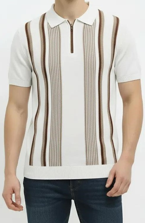 Men Off White Striped Polo Collar T-shirt