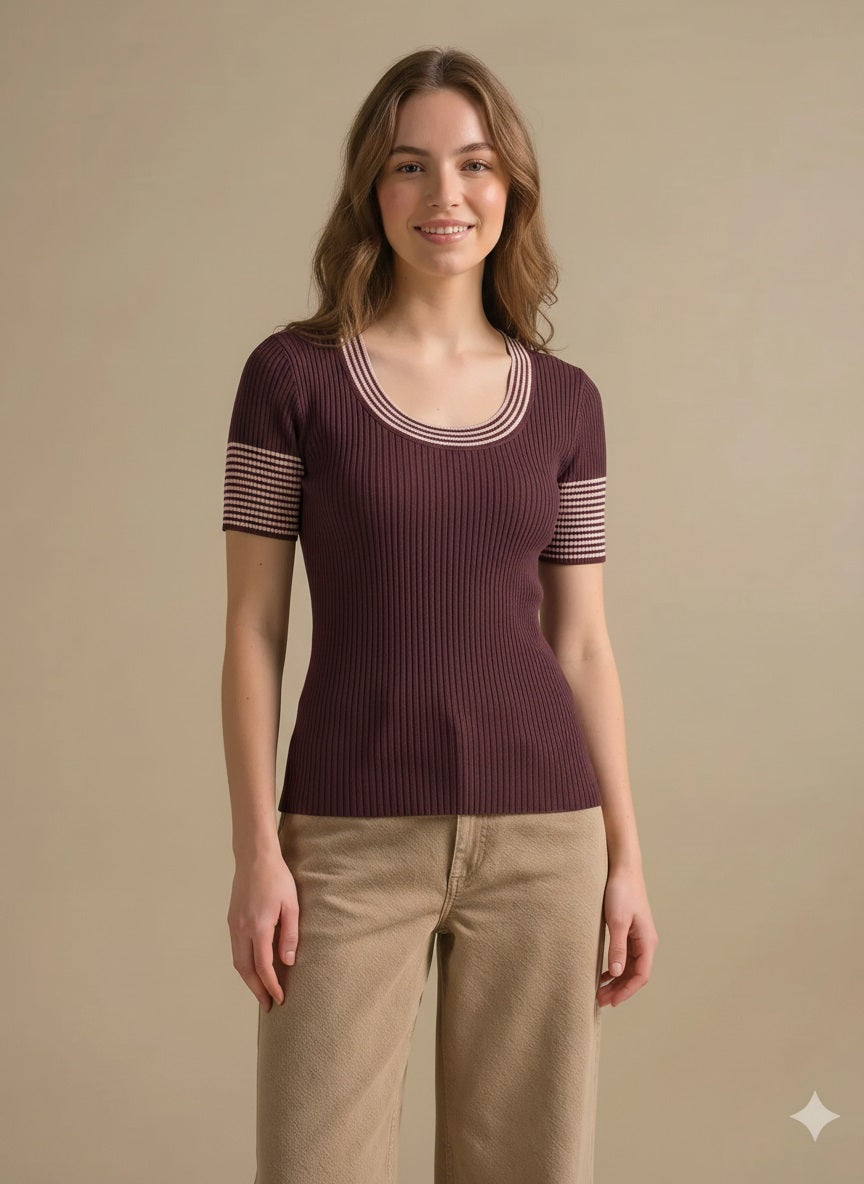 Women Coffee Striped T-shirt
