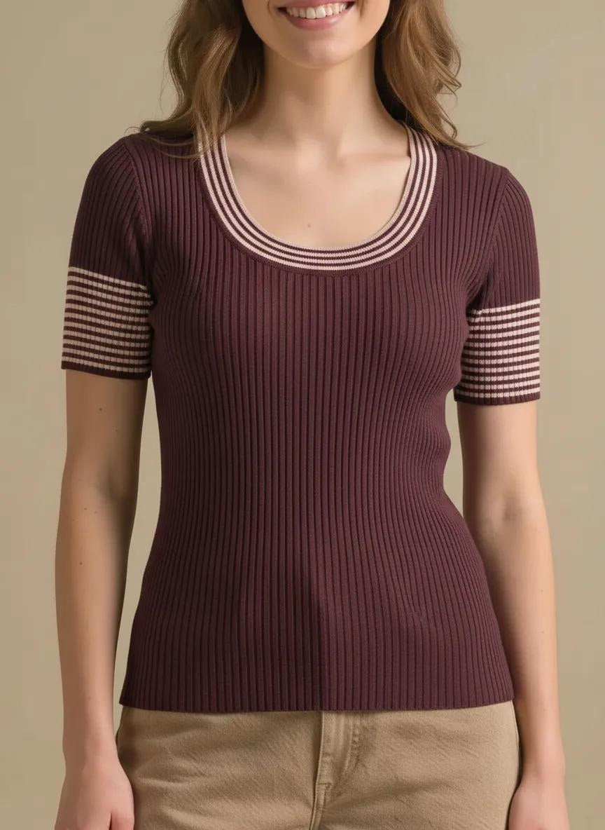 Women Coffee Striped T-shirt