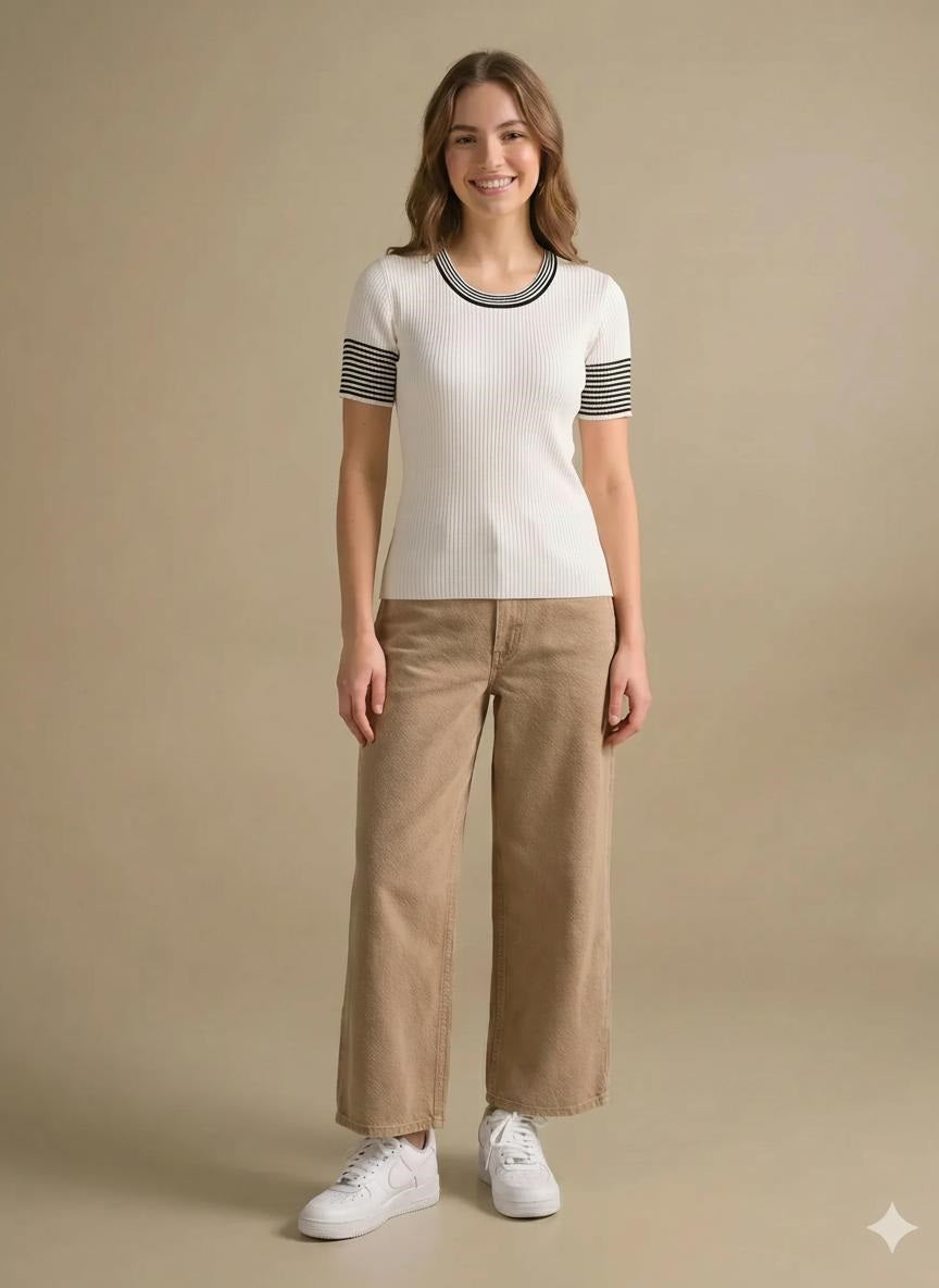 Women Off White Striped T-shirt
