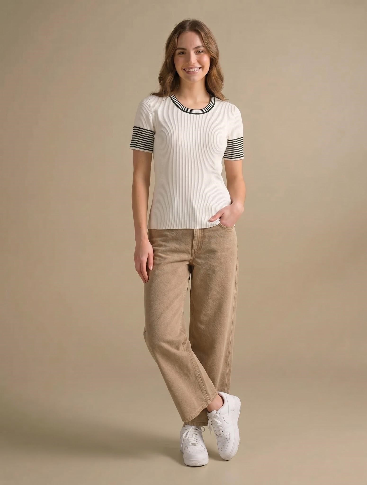 Women Off White Striped T-shirt