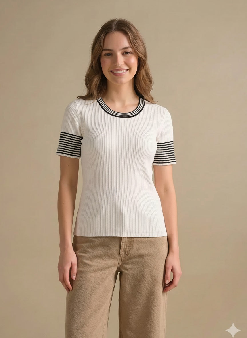 Women Off White Striped T-shirt