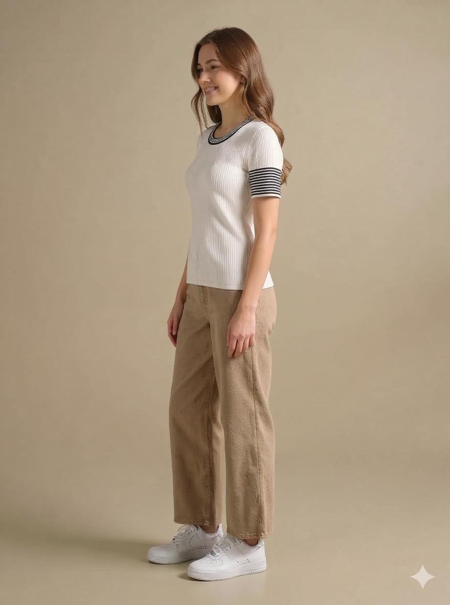 Women Off White Striped T-shirt