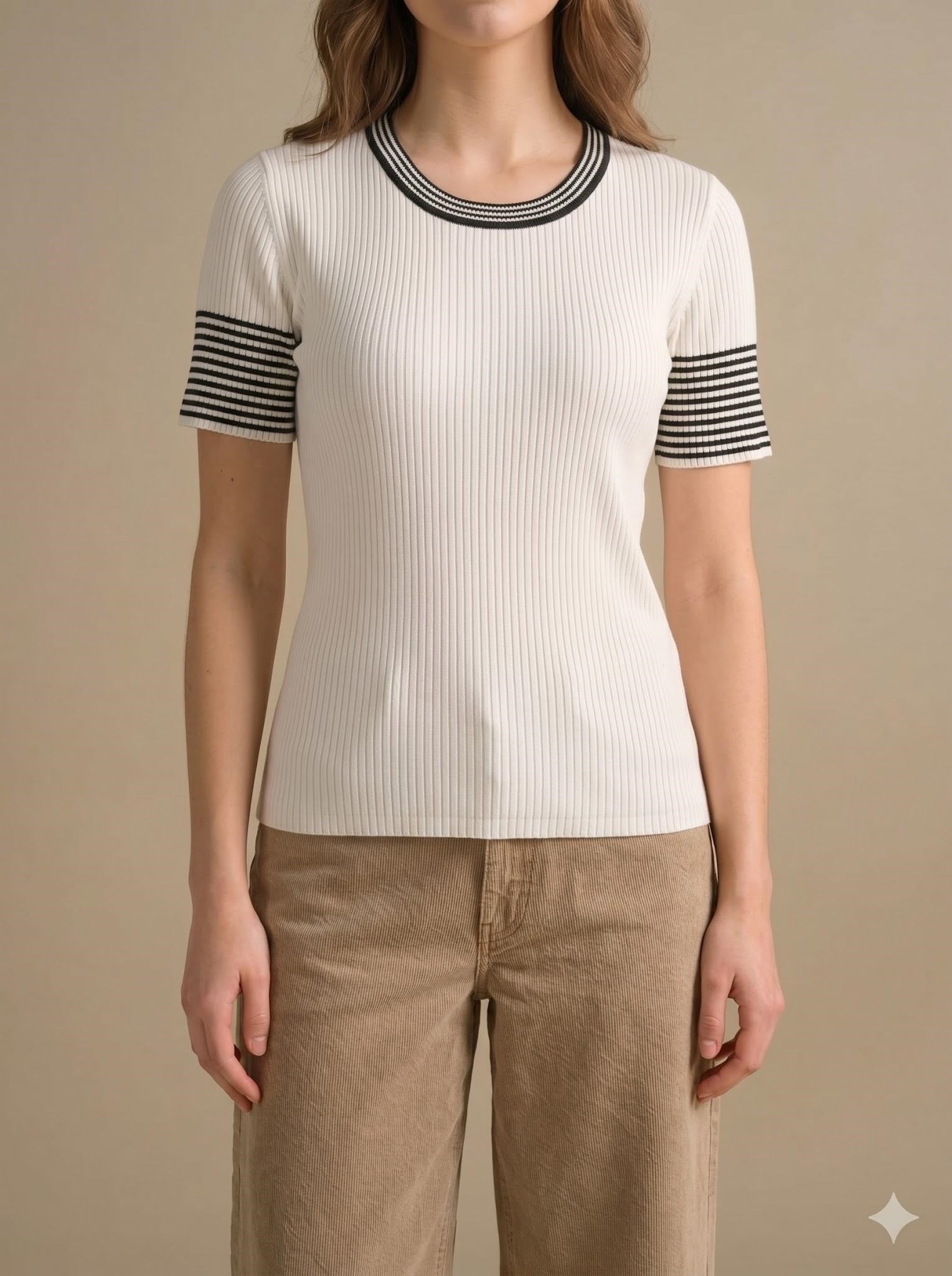 Women Off White Striped T-shirt