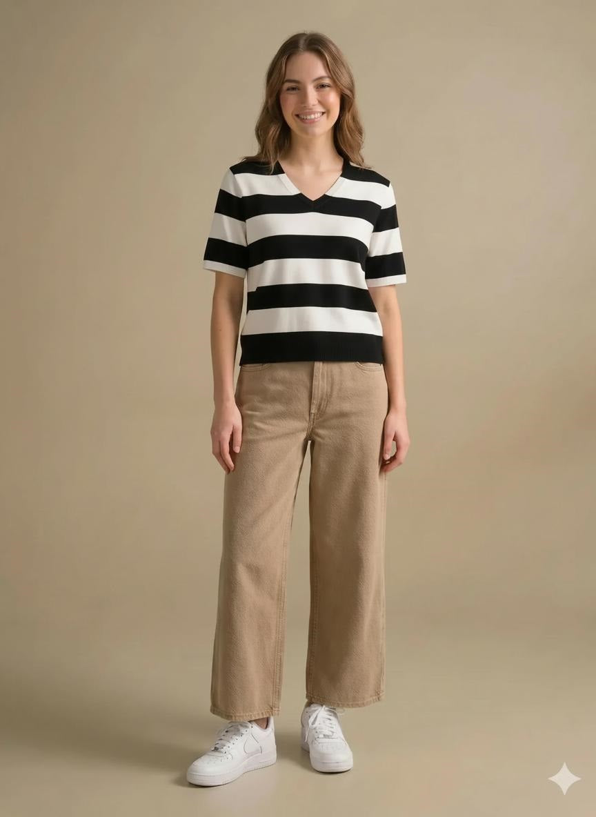 Women Black Striped V-Neck Cotton T-shirt