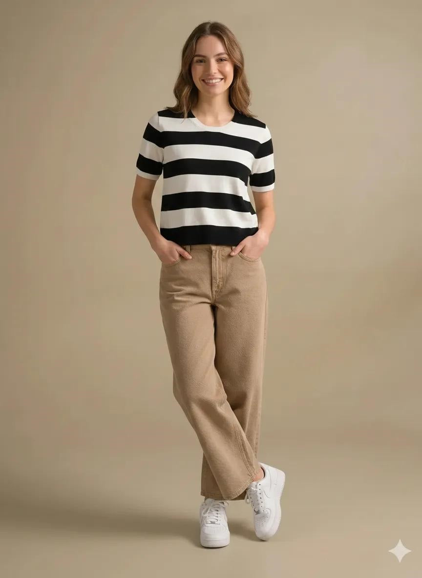 Women Black Striped V-Neck Cotton T-shirt