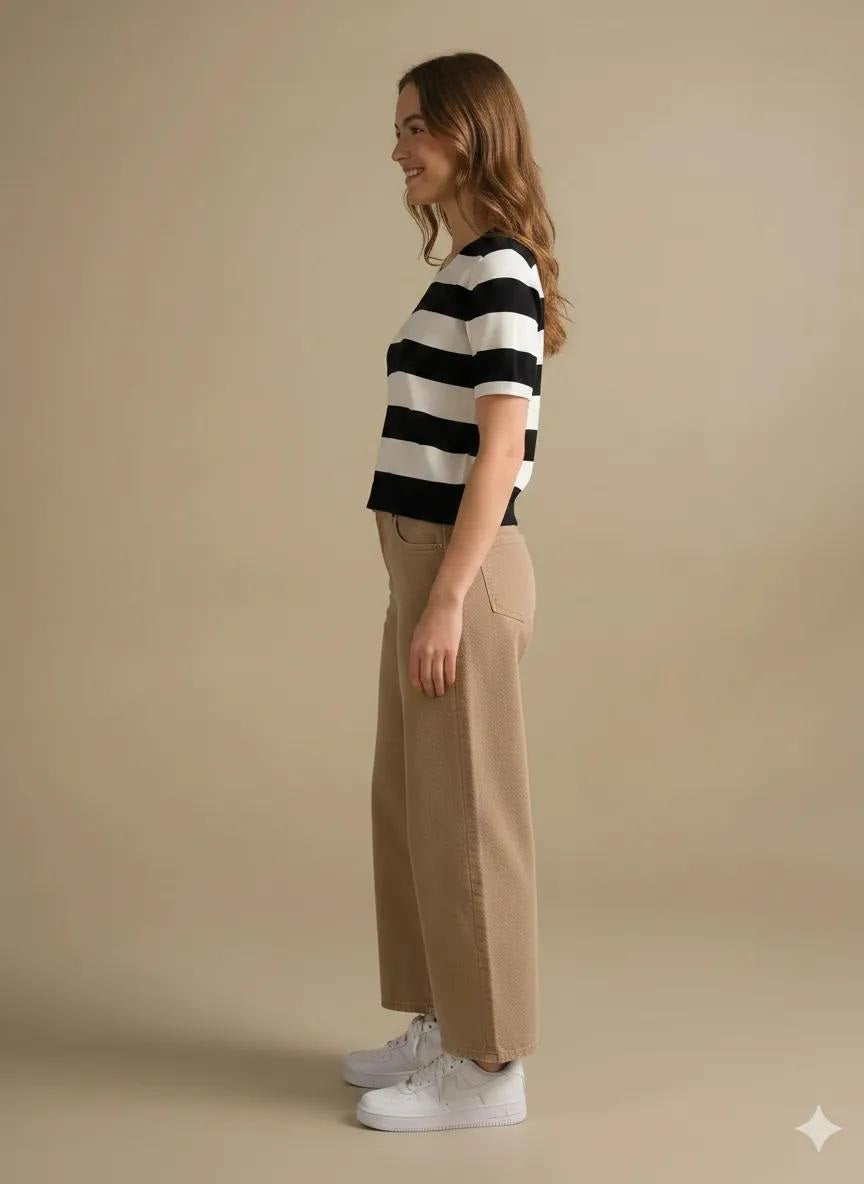 Women Black Striped V-Neck Cotton T-shirt