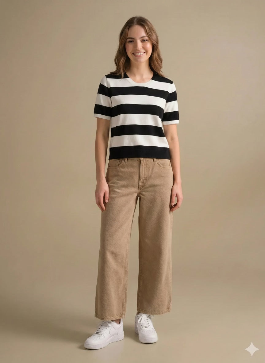 Women Black Striped V-Neck Cotton T-shirt