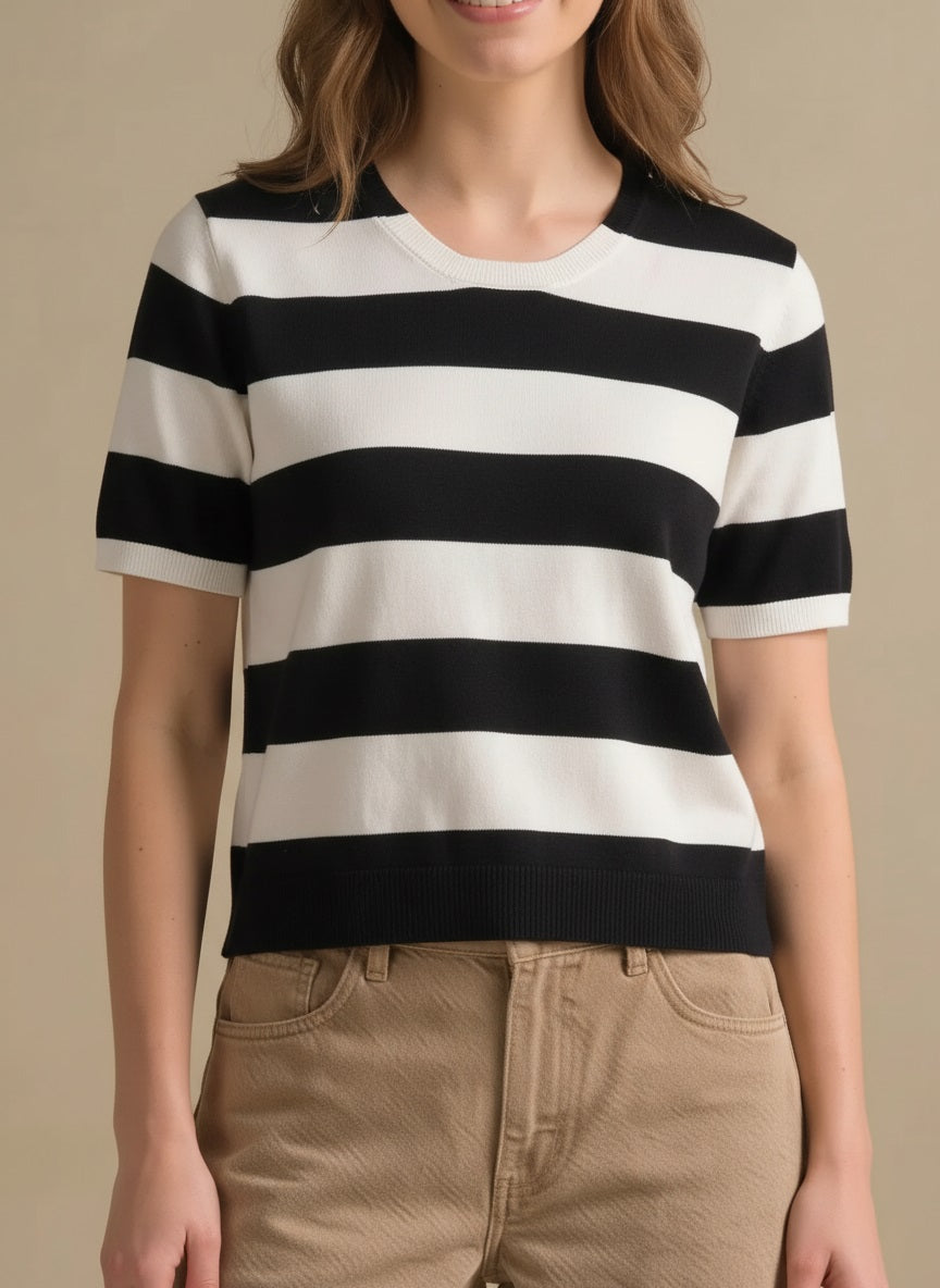 Women Striped V-Neck Cotton T-shirt