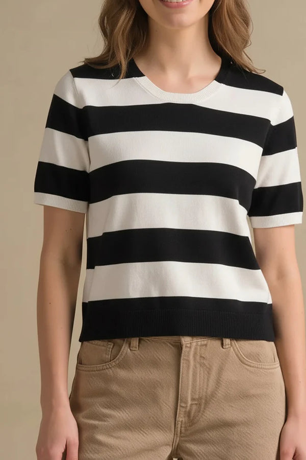 Women Black Striped V-Neck Cotton T-shirt