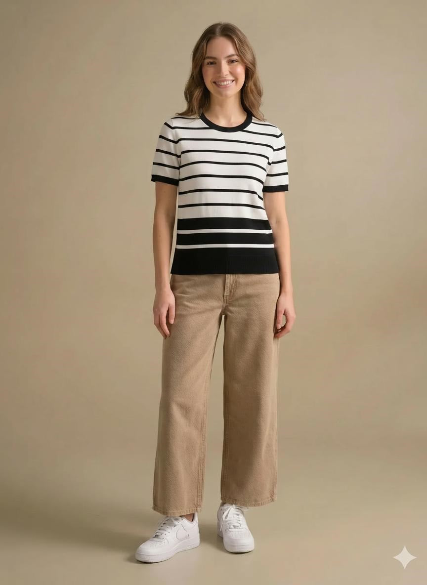 Women White-Black Striped T-shirt