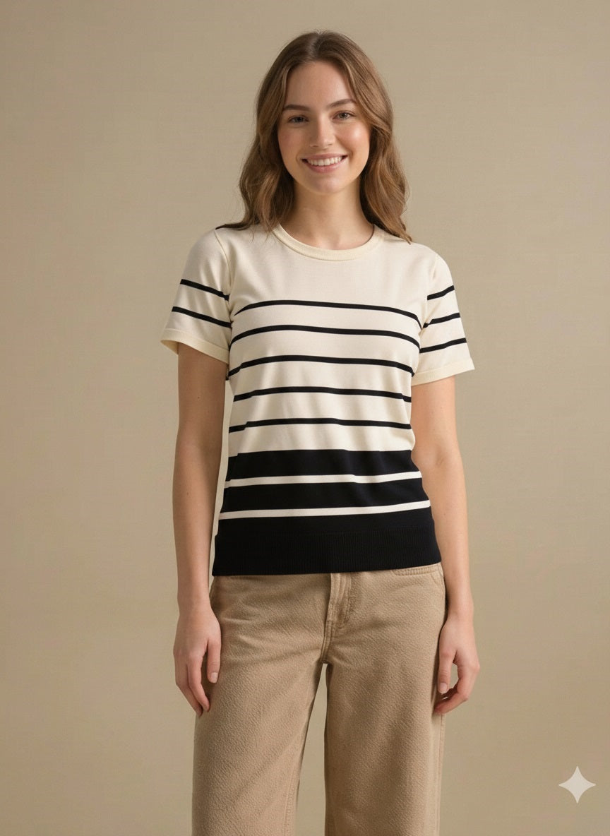 Women White-Black Striped T-shirt