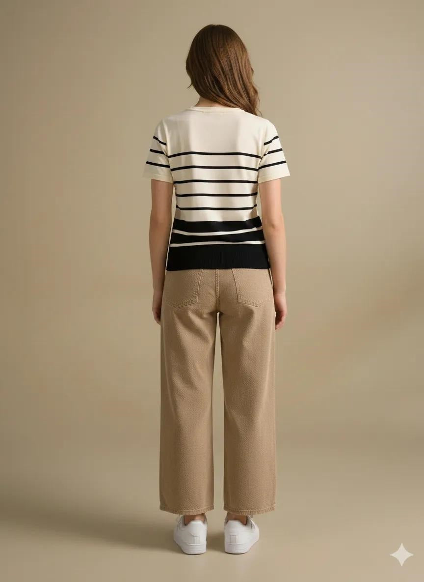 Women White-Black Striped T-shirt