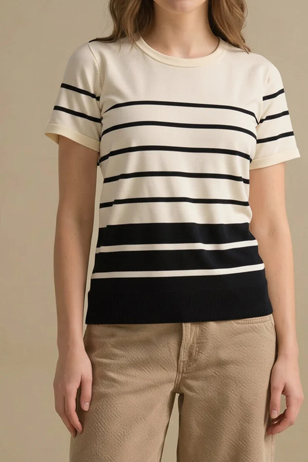Women White-Black Striped T-shirt