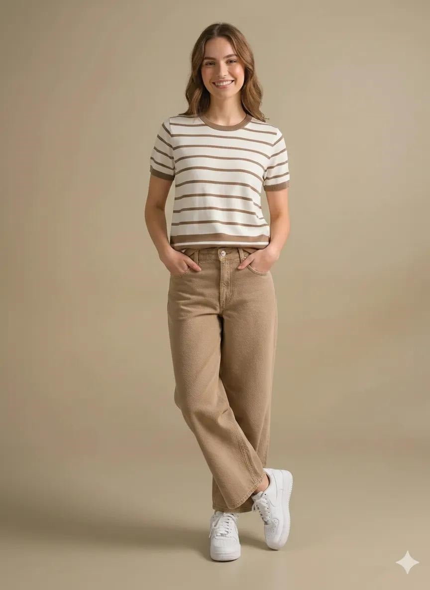 Women White-Stone Striped T-shirt