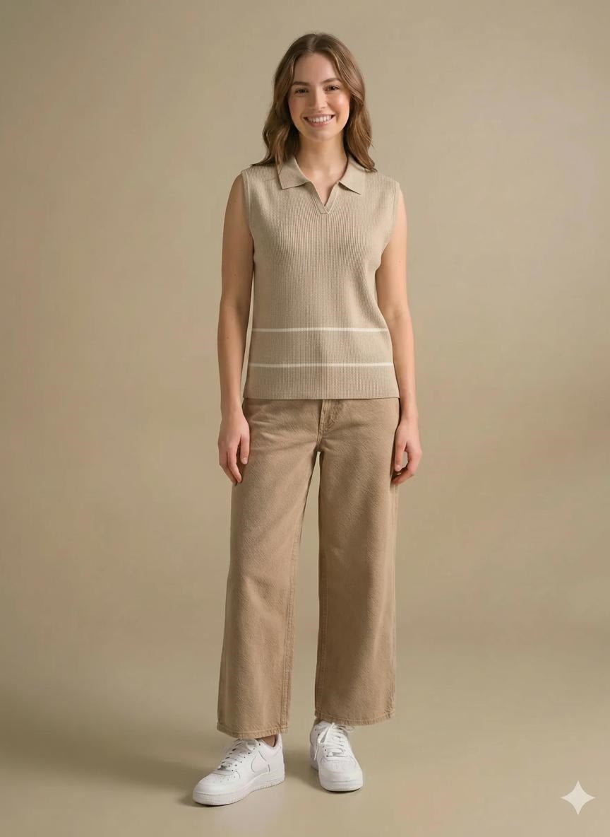 Women Natural-Melange Striped Polo Collar T-shirt