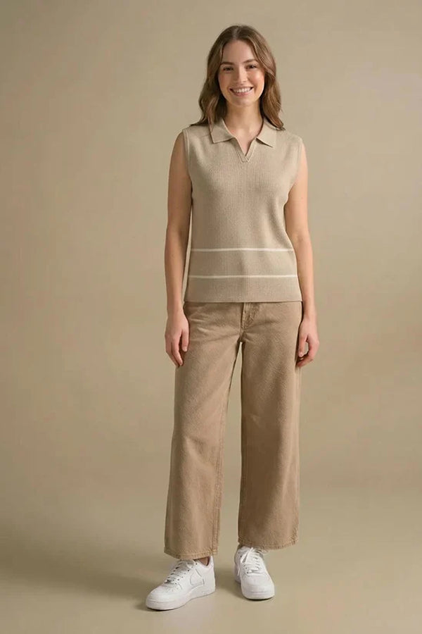 Women Striped Polo Collar T-shirt