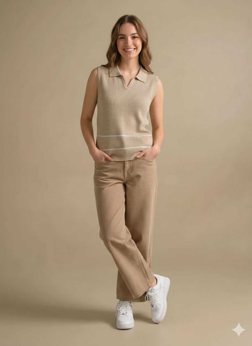 Women Natural-Melange Striped Polo Collar T-shirt