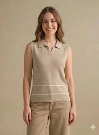 Women Natural-Melange Striped Polo Collar T-shirt