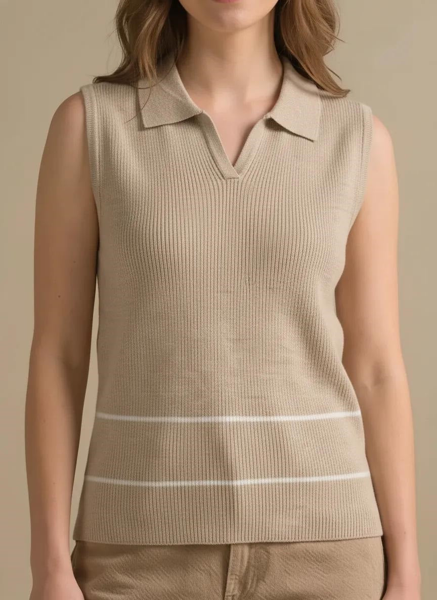 Women Natural-Melange Striped Polo Collar T-shirt