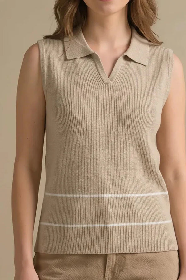 Women Natural-Melange Striped Polo Collar T-shirt