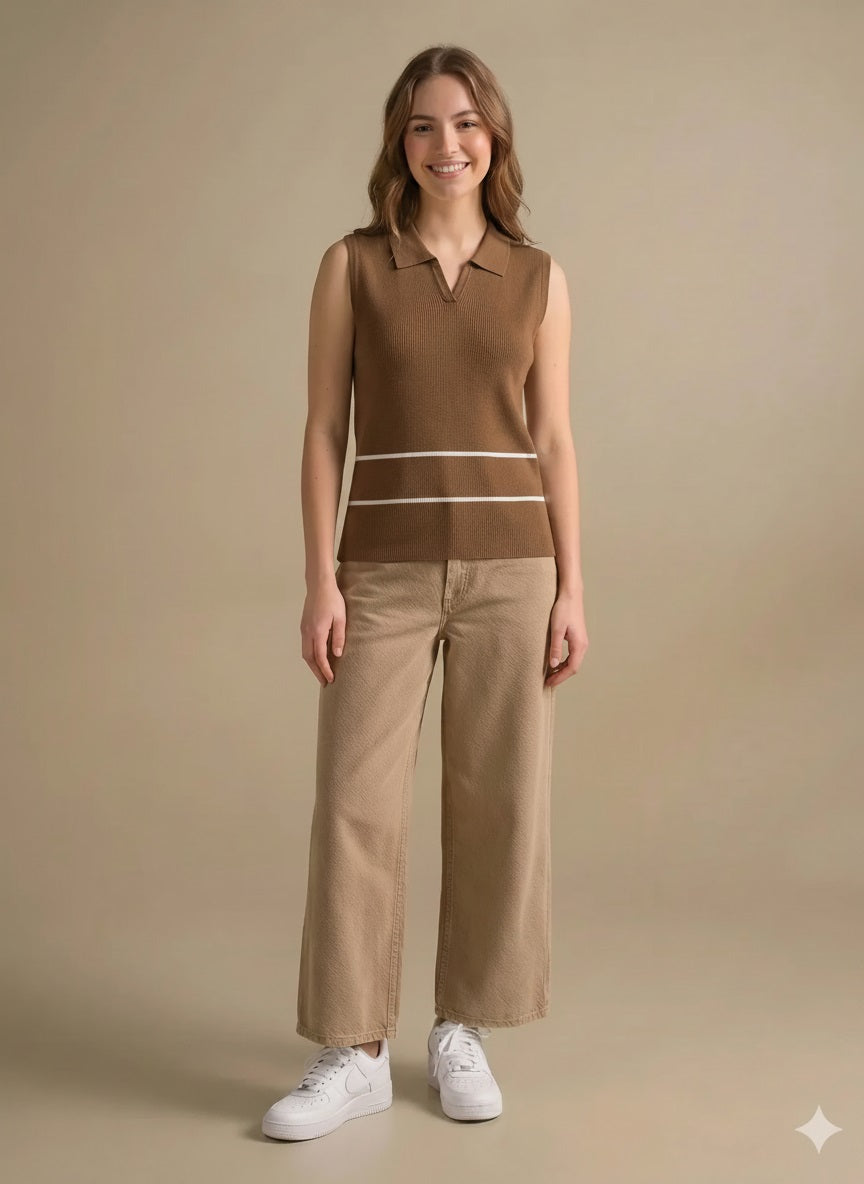 Women Tan Striped Polo Collar T-shirt