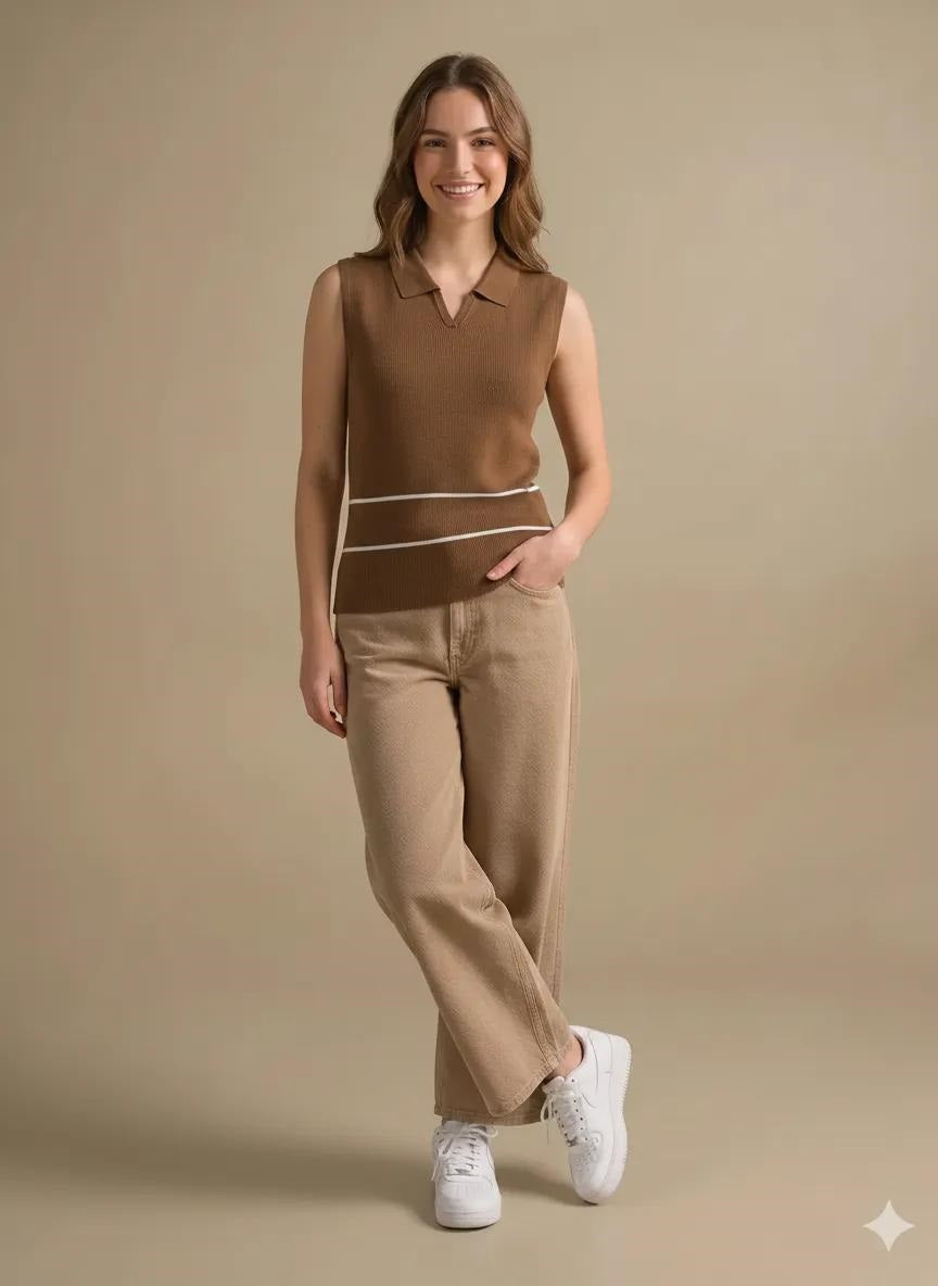 Women Tan Striped Polo Collar T-shirt