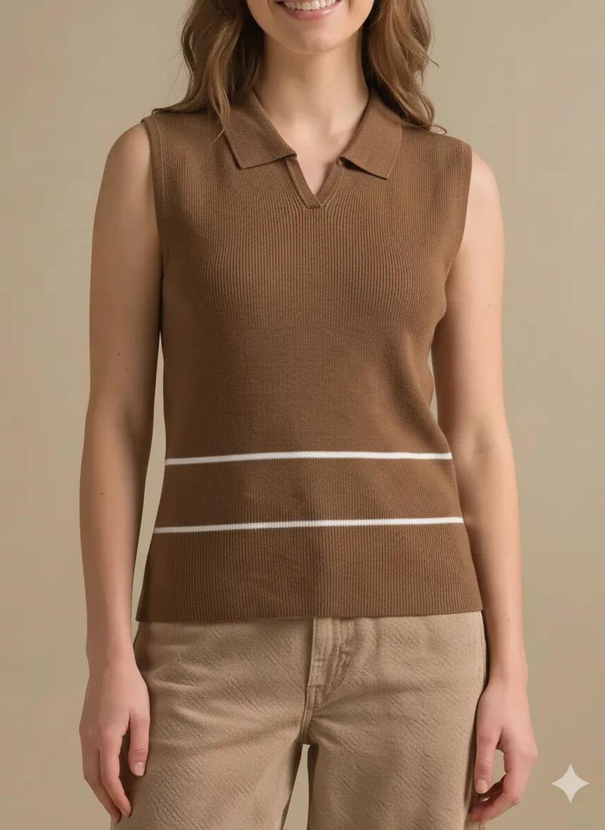 Women Tan Striped Polo Collar T-shirt