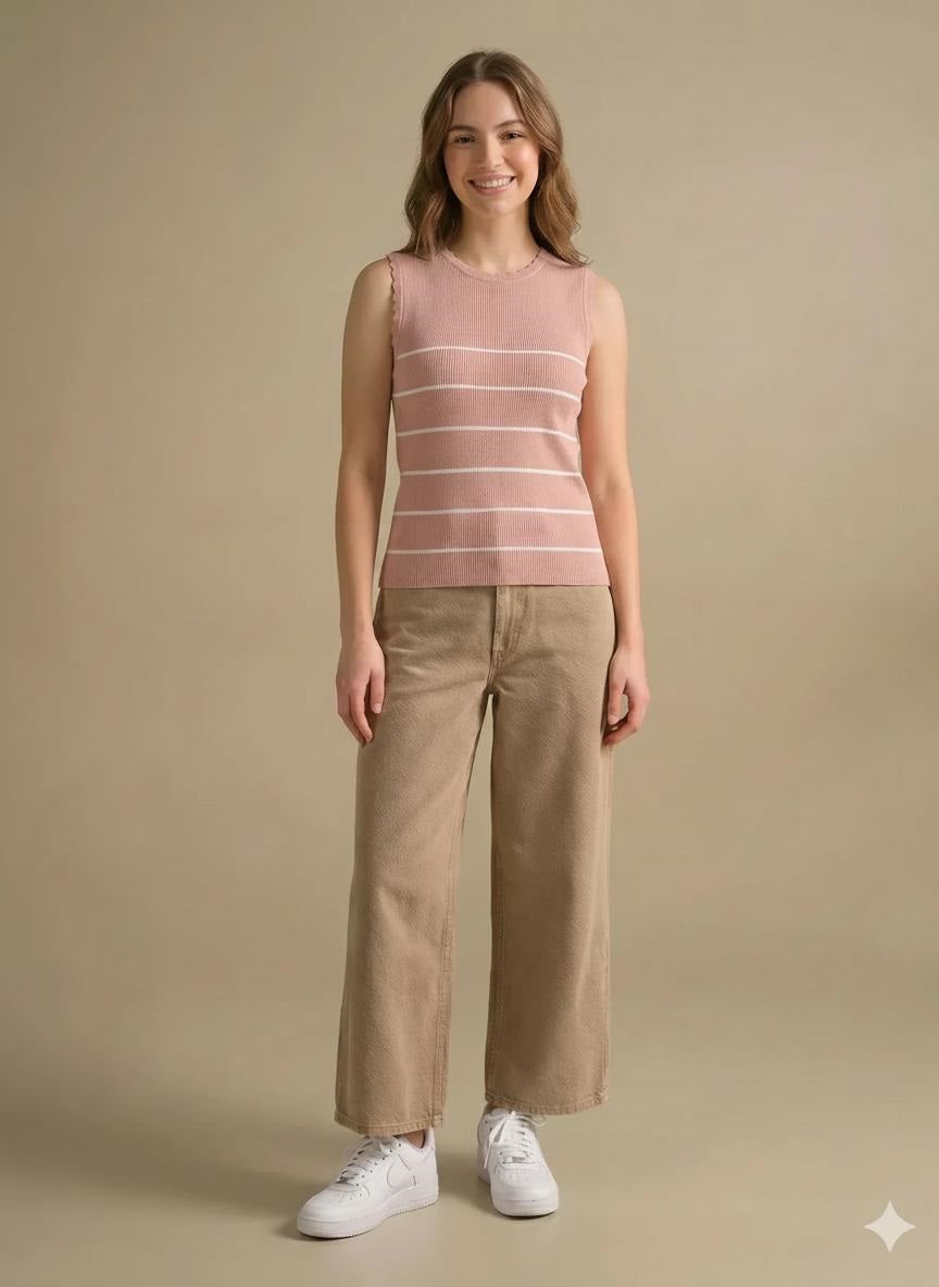 Women Suede Pink Striped T-shirt