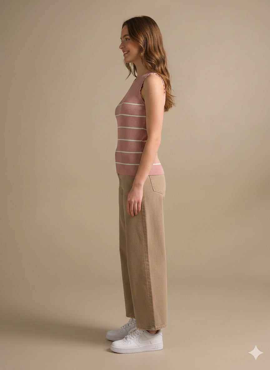 Women Suede Pink Striped T-shirt