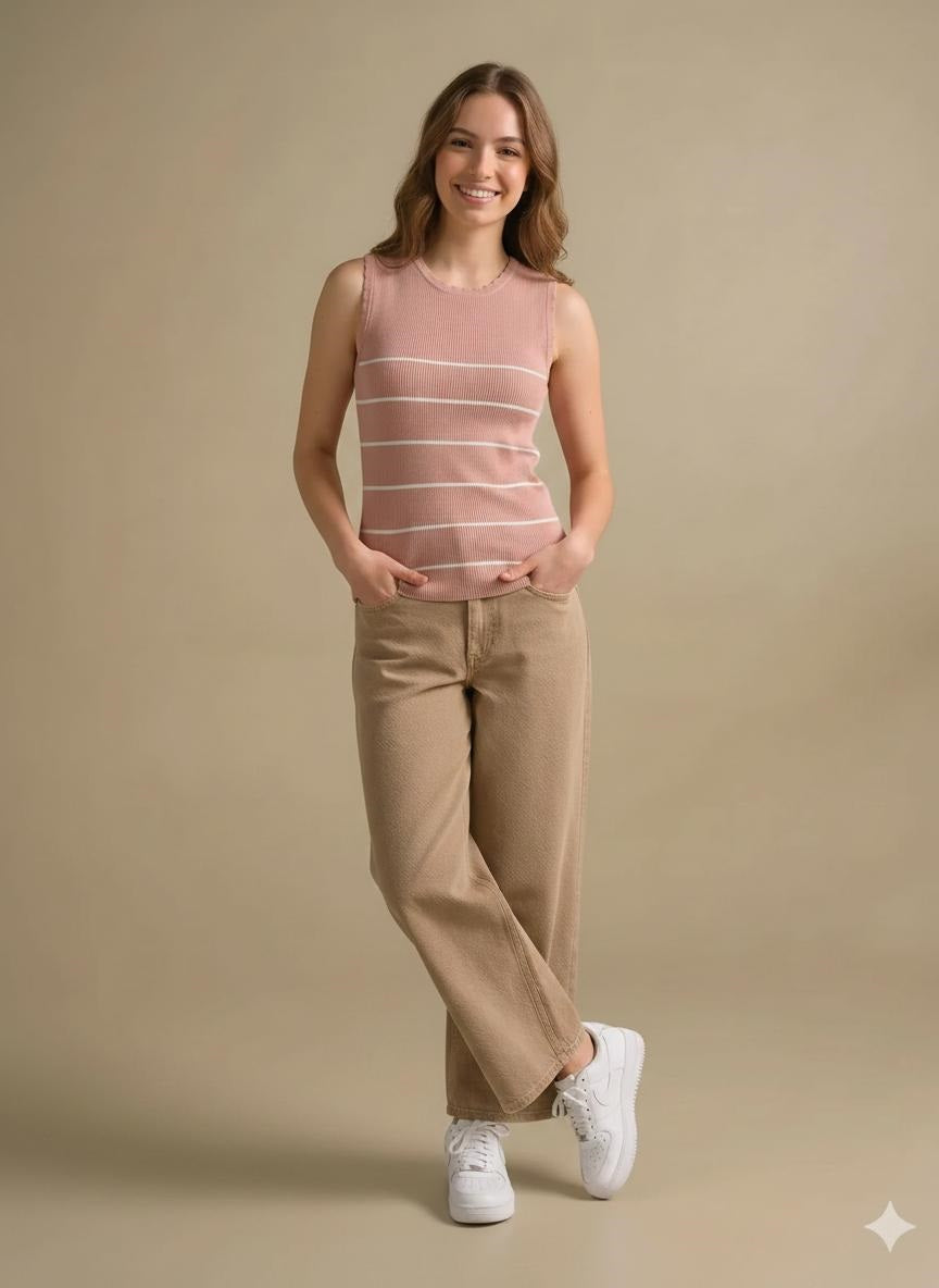 Women Suede Pink Striped T-shirt