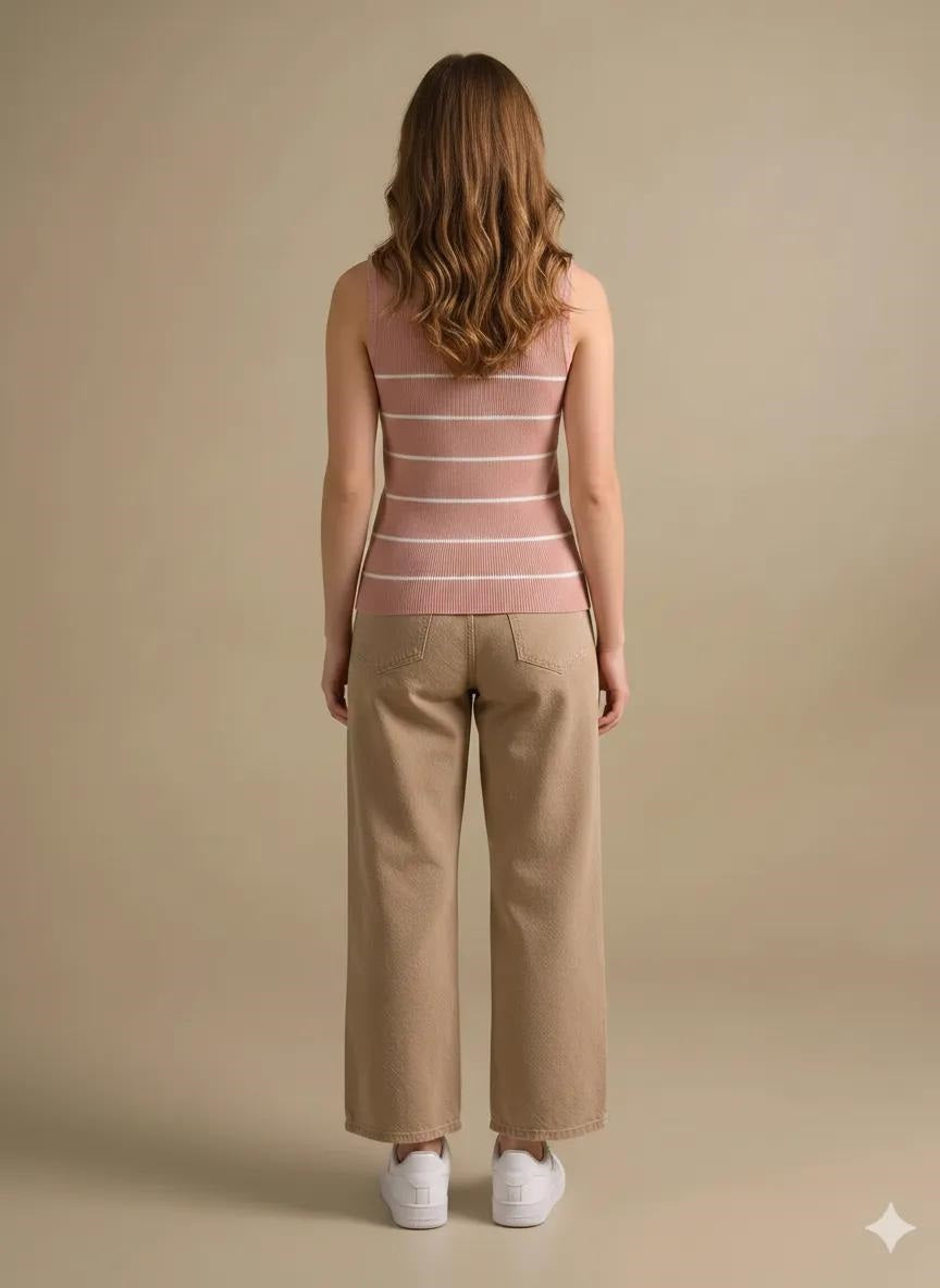 Women Suede Pink Striped T-shirt