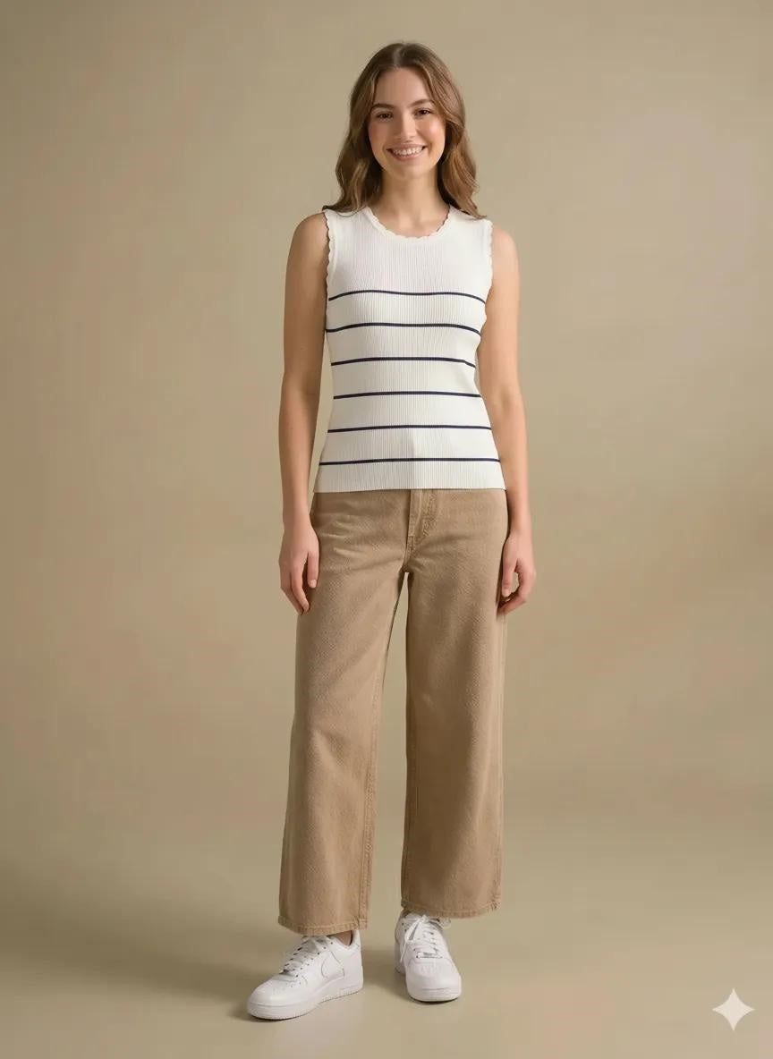 Women White Striped T-shirt