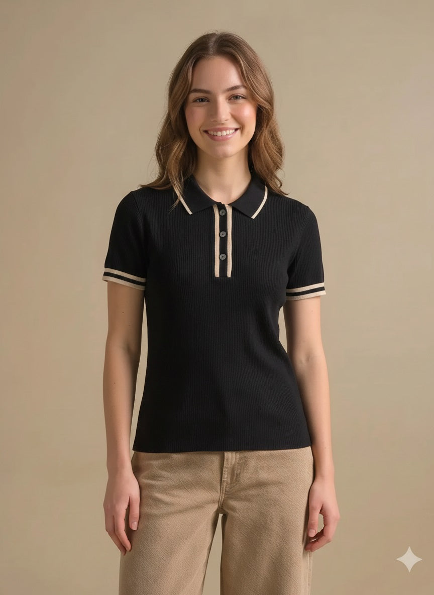Women Black Polo Collar T-shirt