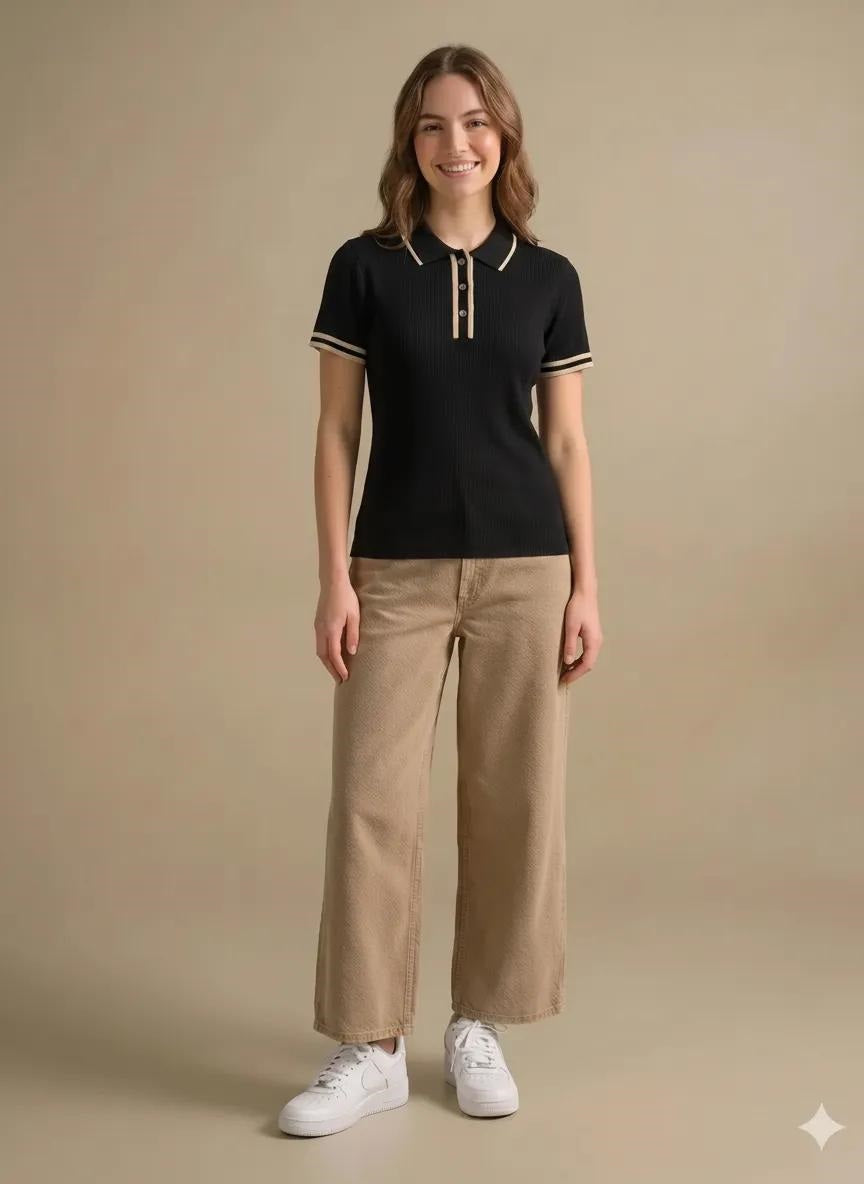 Women Black Polo Collar T-shirt