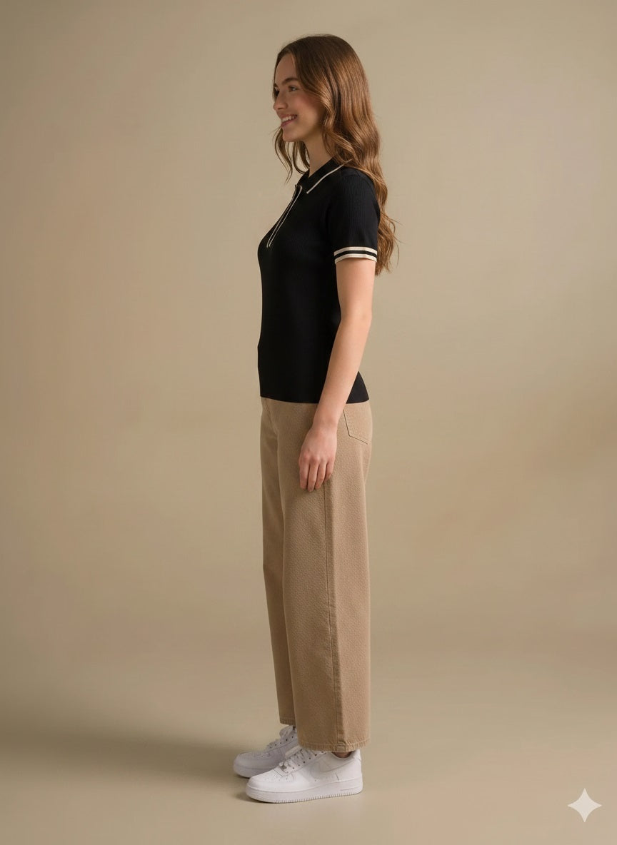 Women Black Polo Collar T-shirt