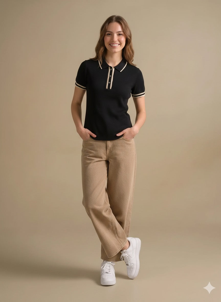 Women Black Polo Collar T-shirt