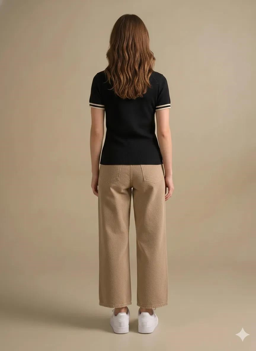 Women Black Polo Collar T-shirt