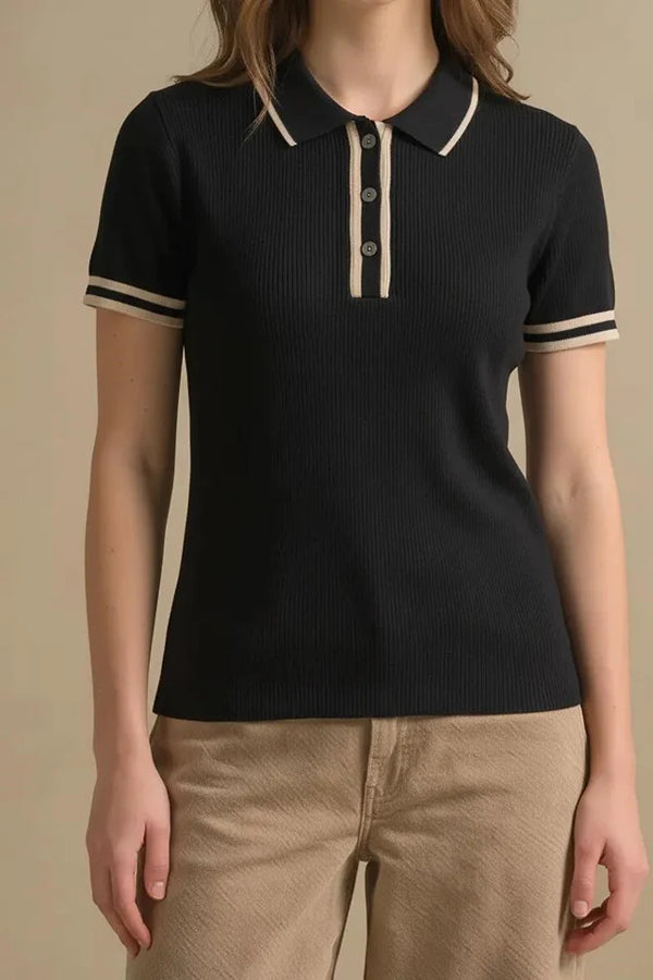 Women Black Polo Collar T-shirt